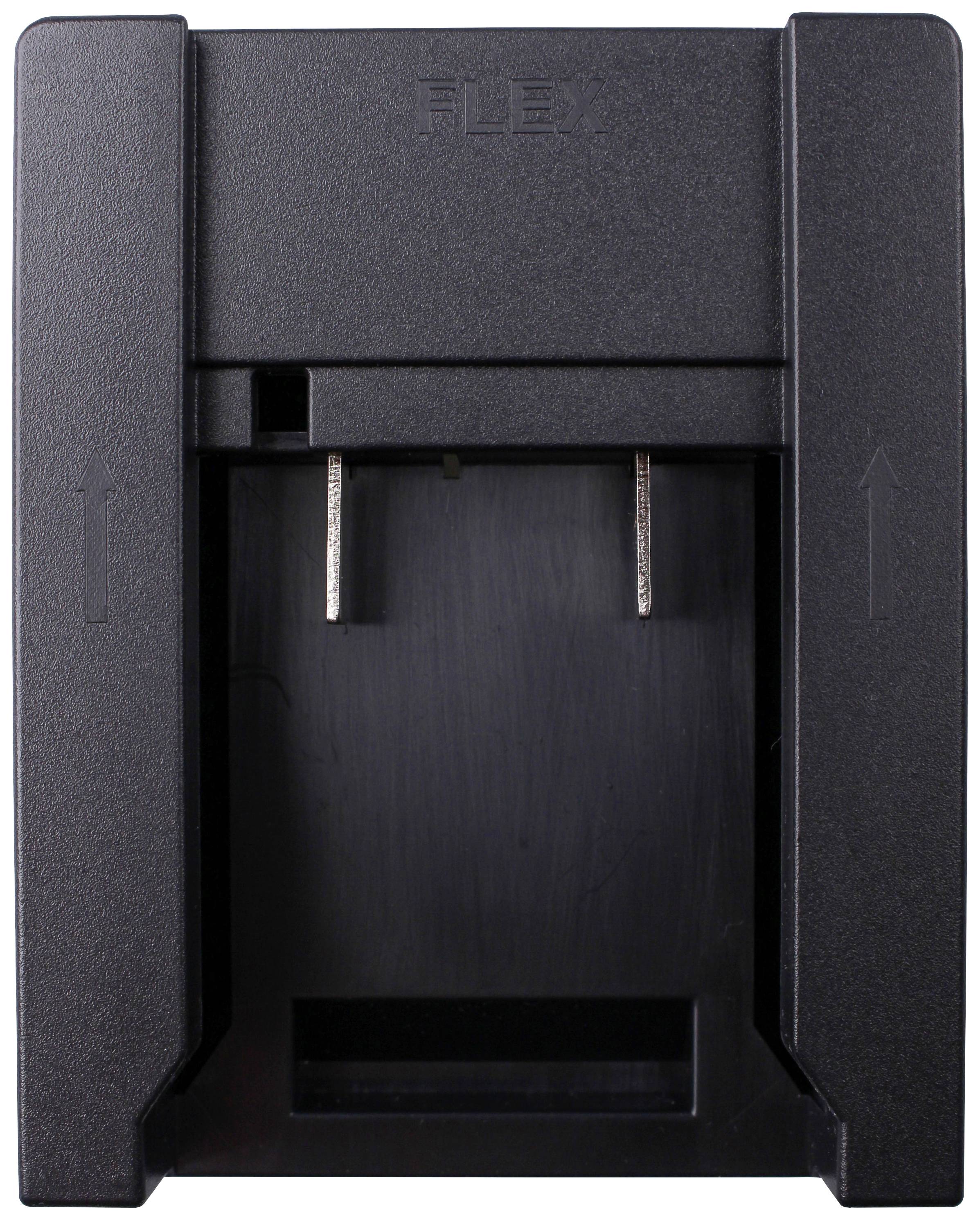Black plastic housing of an electrical station with two metal contacts, presumably a charger for a device or tool.
