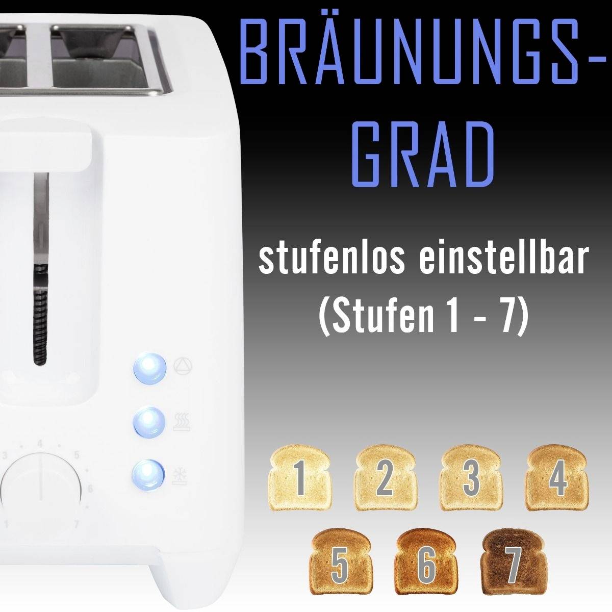 'BROWNING LEVEL infinitely adjustable (Levels 1-7)': Image of a toaster with illuminated buttons. Shows seven toast slices with different browning levels.