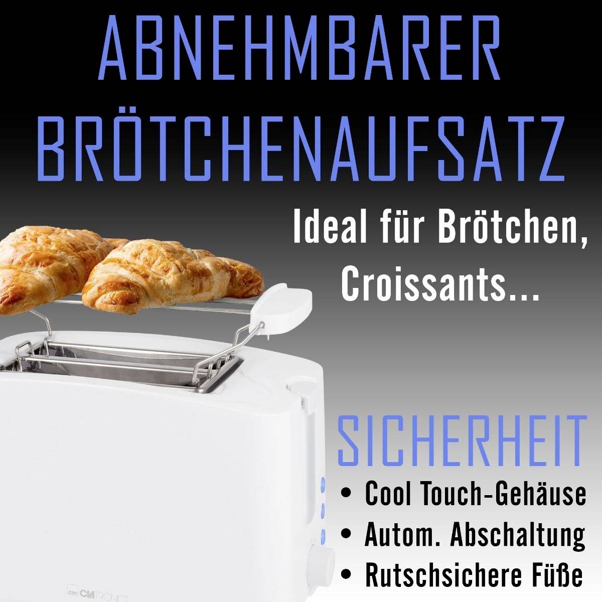 Toaster with removable bread rack, with croissants resting on it. Text: 'Ideal for rolls, croissants...'. Functions: Cool-touch, automatic switch-off, non-slip feet.