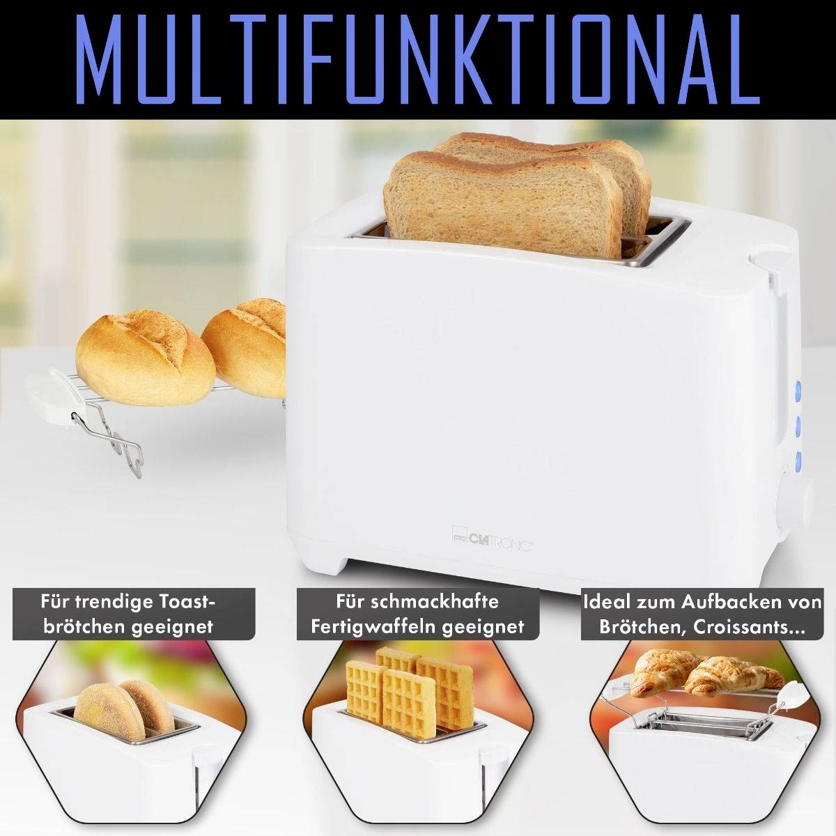 A white toaster with toast slices. Below are images with captions: 'For trendy toast', 'For tasty frozen waffles' and 'Ideal for reheating rolls'.