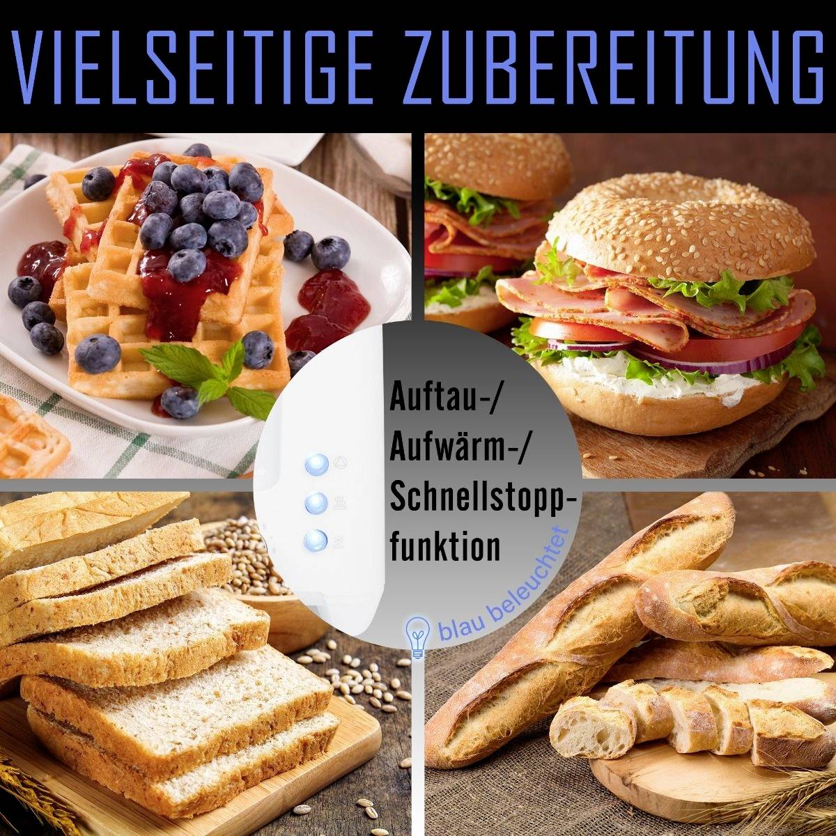 'Versatile Preparation': Four images show waffles with berries, a burger, sandwich bread, and a baguette. Functions: Defrosting, Reheating, Quick Stop.