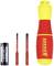 Screwdriver set with yellow-red screwdriver, two red bits and a black battery; battery-powered for cordless working.