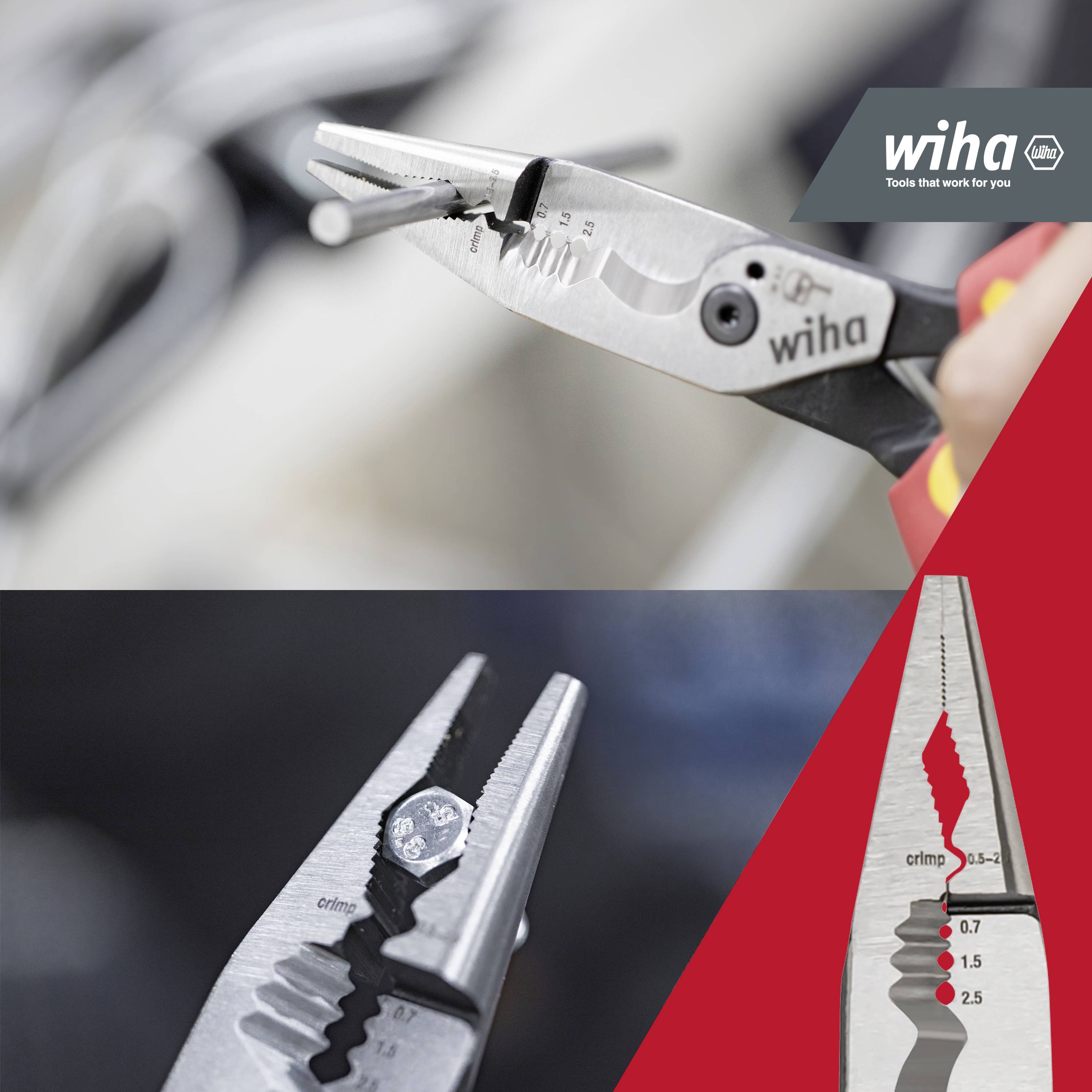Wiha pliers with screw-holding mechanism shown for precise work. Brand logo positioned top right, focusing on innovative pliers structure.