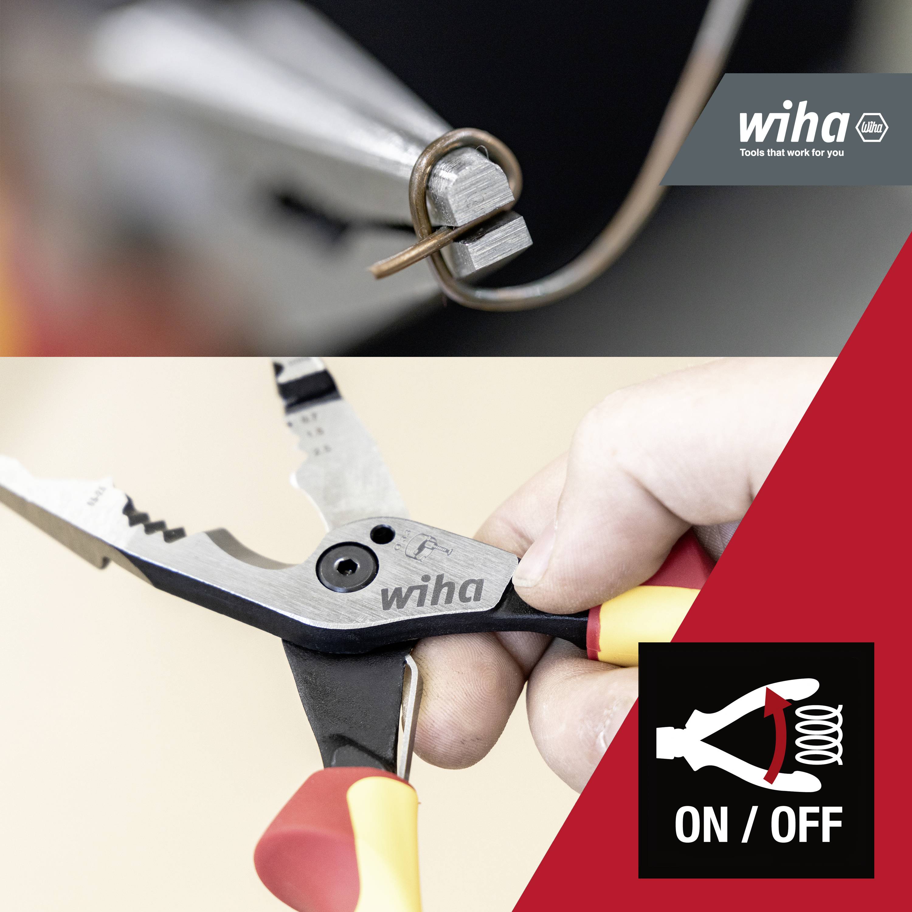 Close-up of wire cutters cutting a wire. The 'Wiha' brand is visible on the tool.