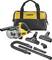 A yellow DeWalt handheld vacuum set with a vacuum cleaner, various nozzles, a hose, and a black carry bag featuring the DeWalt logo.