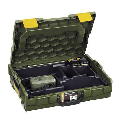 Open green tool case with multiple compartments. Contains a charger and two batteries.