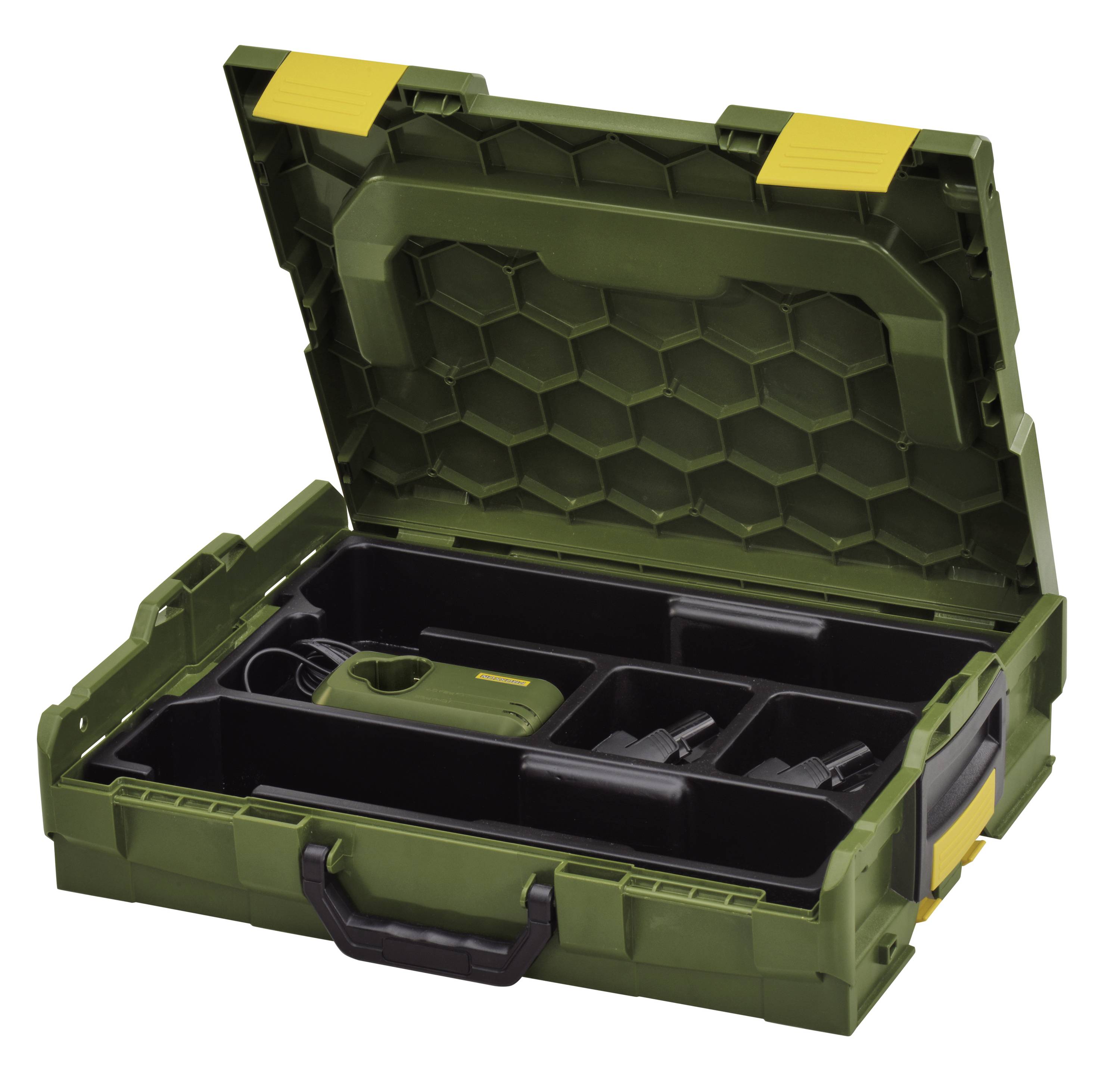 Green toolbox with an open lid, showing various compartments for storing tools, lined with black interior.