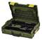 Green toolbox with an open lid, showing various compartments for storing tools, lined with black interior.