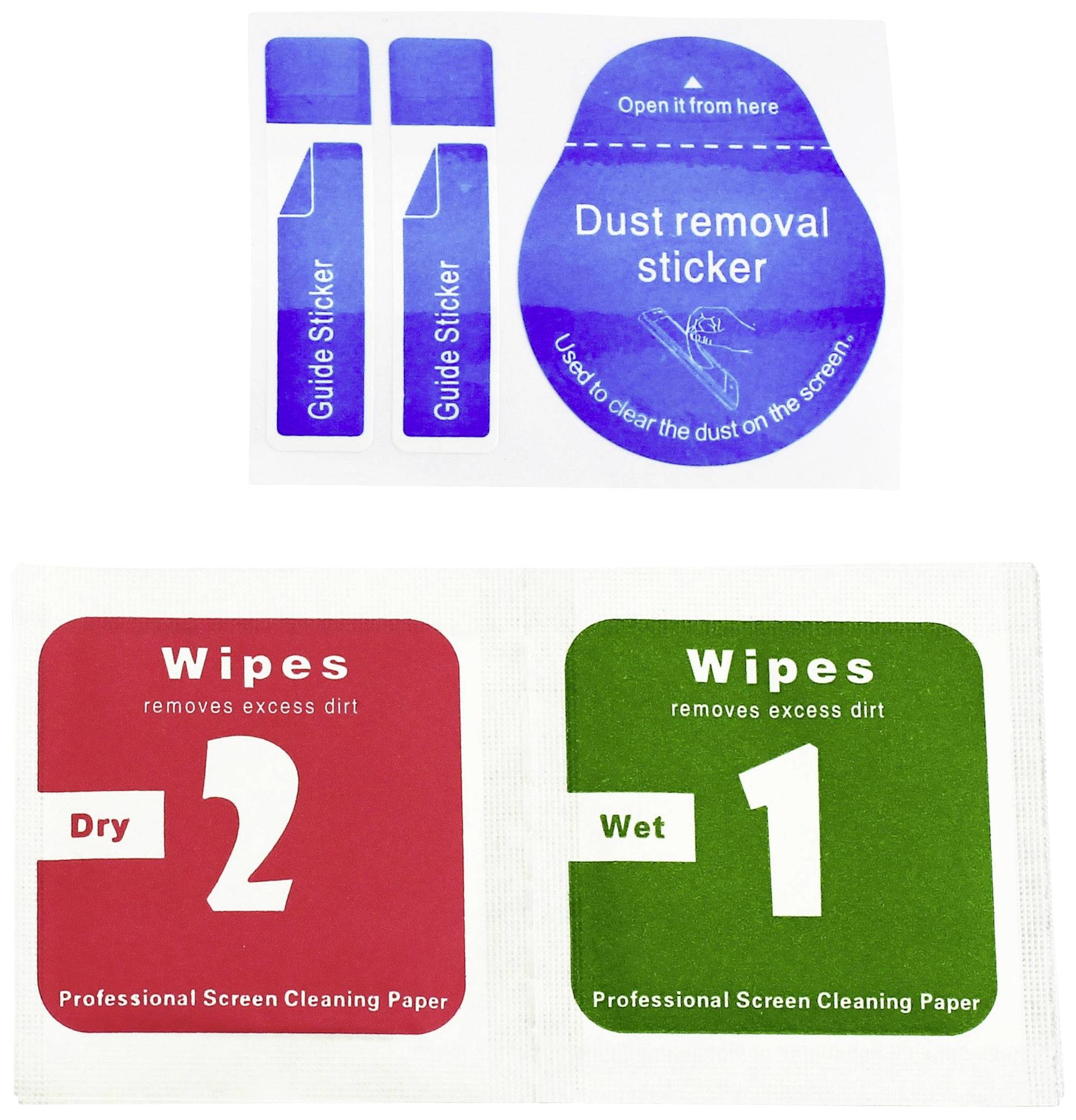 'Dust Remover Sticker' at the top, 'Dry Cloths' (red) and 'Wet Cloths' (green) at the bottom, for cleaning screens.
