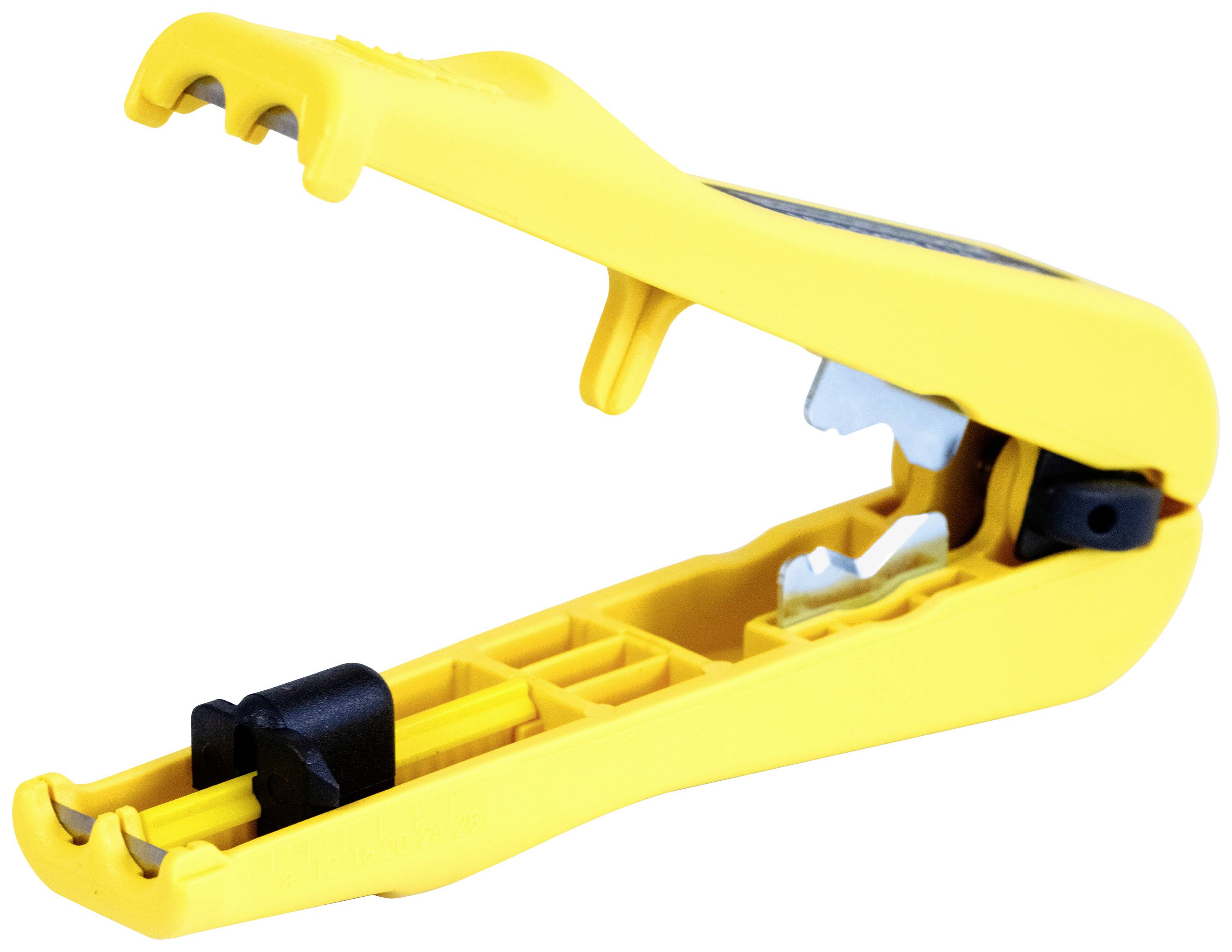 A yellow cable stripping tool with metal blades, for removing insulation from cables. Ideal for electrical work.