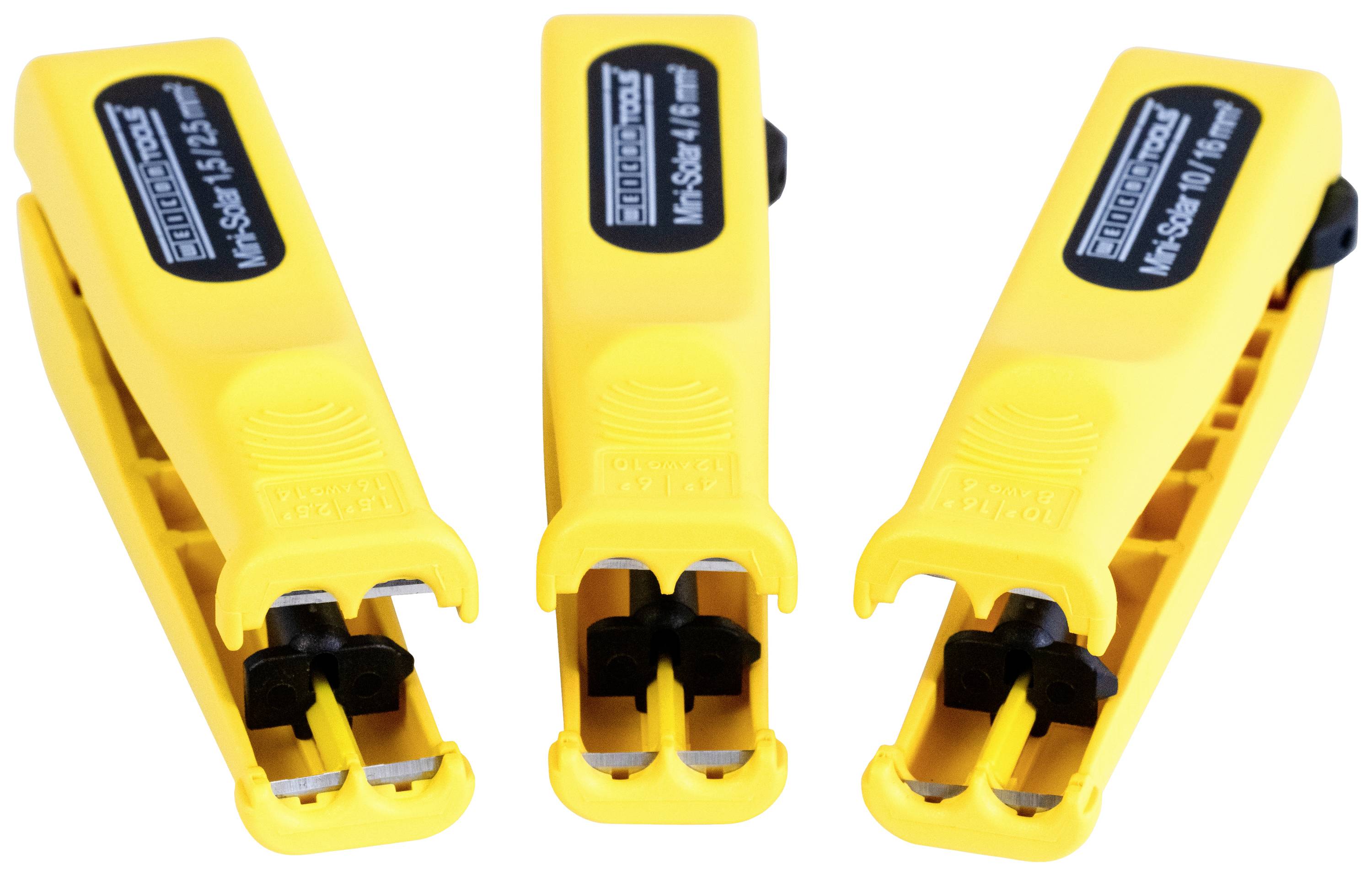 Three yellow wire stripping tools, positioned side by side, for removing insulation from cables of various diameters.