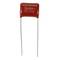 A red, rectangular foil capacitor with two wire connections. Label: 'Suntan 2E104K'. Suitable for electronic circuits.