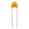 A small, orange ceramic capacitor marked with '221'. Two metal legs protrude for electrical connection.