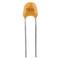 An orange ceramic capacitor marked '104', with two metal legs protruding downwards.