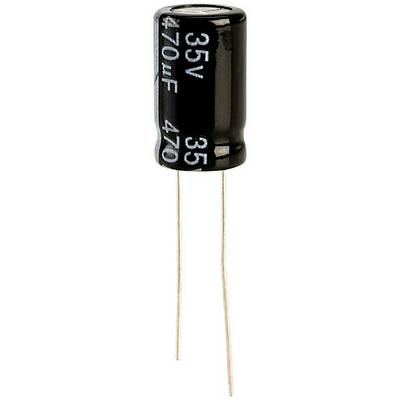 Electrolytic capacitor with two terminals, black, marked '35V 470µF', used in electronic circuits.