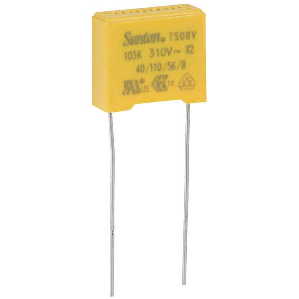 Yellow rectangular capacitor labelled '103K 310V~ X2'. Two metal terminals at the bottom, suitable for electronic circuits.