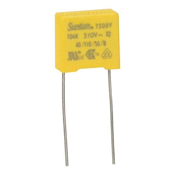A yellow, rectangular capacitor with two metal terminals and markings indicating electrical specifications and safety labels.