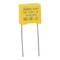 A yellow, rectangular capacitor with two metal terminals and markings indicating electrical specifications and safety labels.