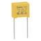 Yellow capacitor with marking '474K 310V~ X2'. Two metal terminals extend downwards.