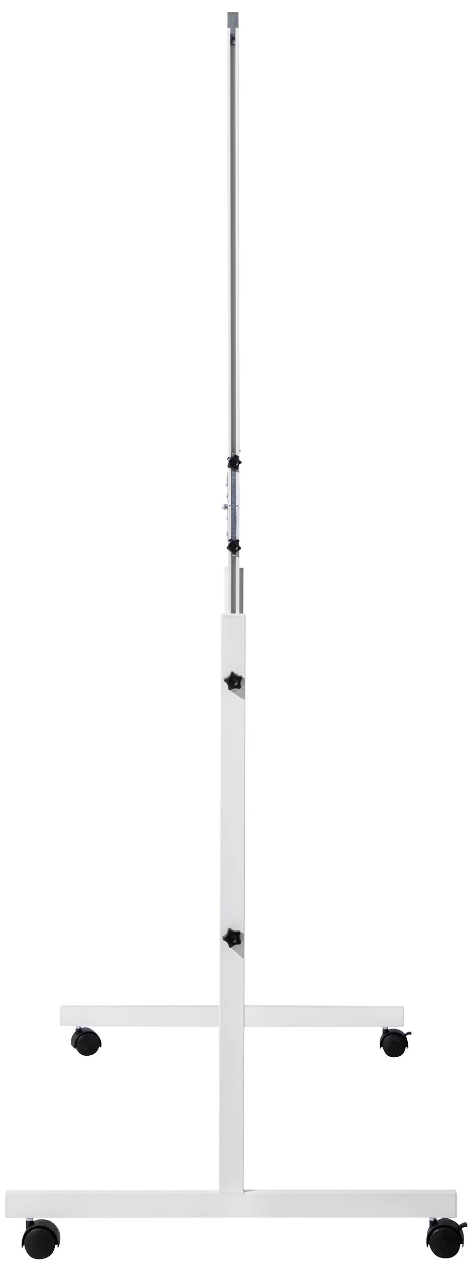 A white, height-adjustable infusion stand with four castors and a hook at the top for attaching medical equipment.