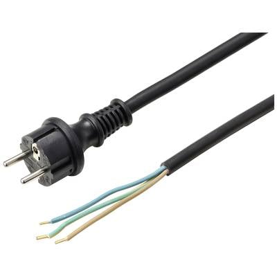 Black power cable with a plug on one side and three exposed wires (blue, brown, yellow-green) on the other side.