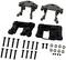 Several black and grey plastic components with accompanying screws and nuts, possibly for a model building or mechanical engineering kit.