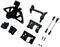 Various black metal parts and screws, likely accessories or spare parts for mechanical or electronic devices on a white background.