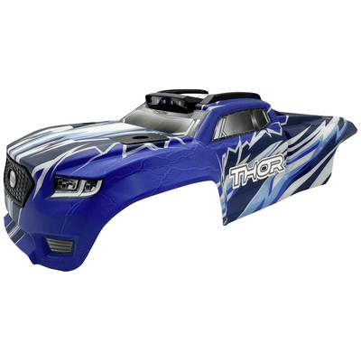 Blue RC car body part with dynamic graphic design and 'THOR' inscription.