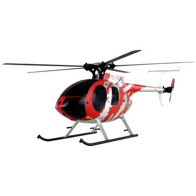 A remote-controlled helicopter in bright red and white with a black rotor, suitable for model flying enthusiasts.