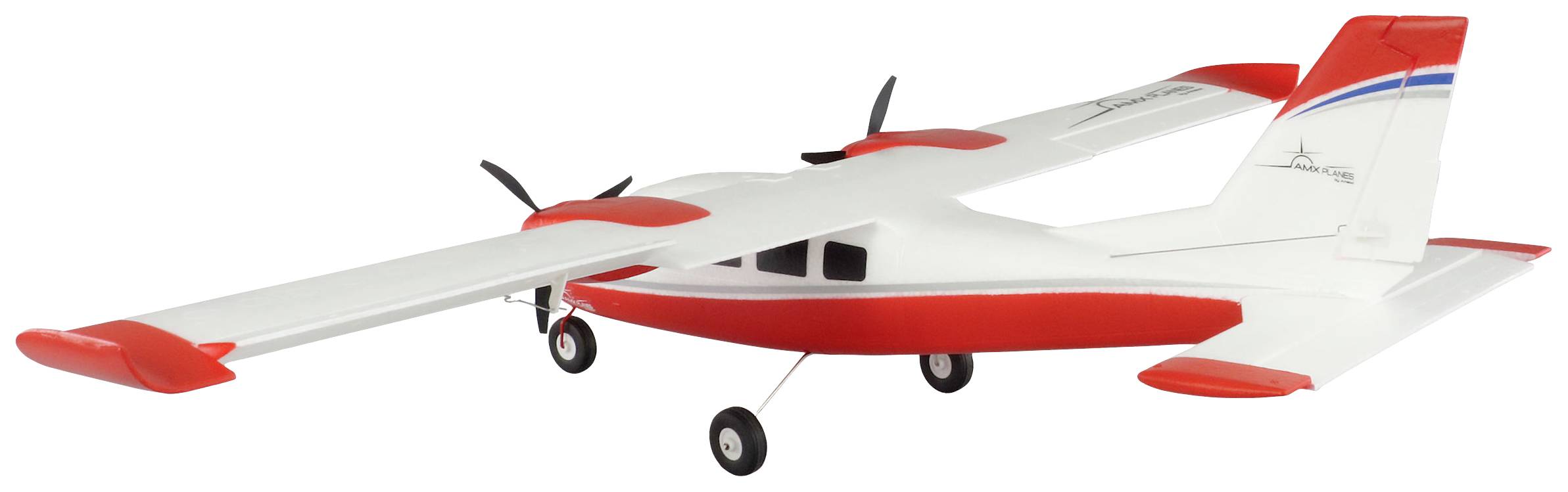 A model aircraft with red and white design, two propellers and landing gear.