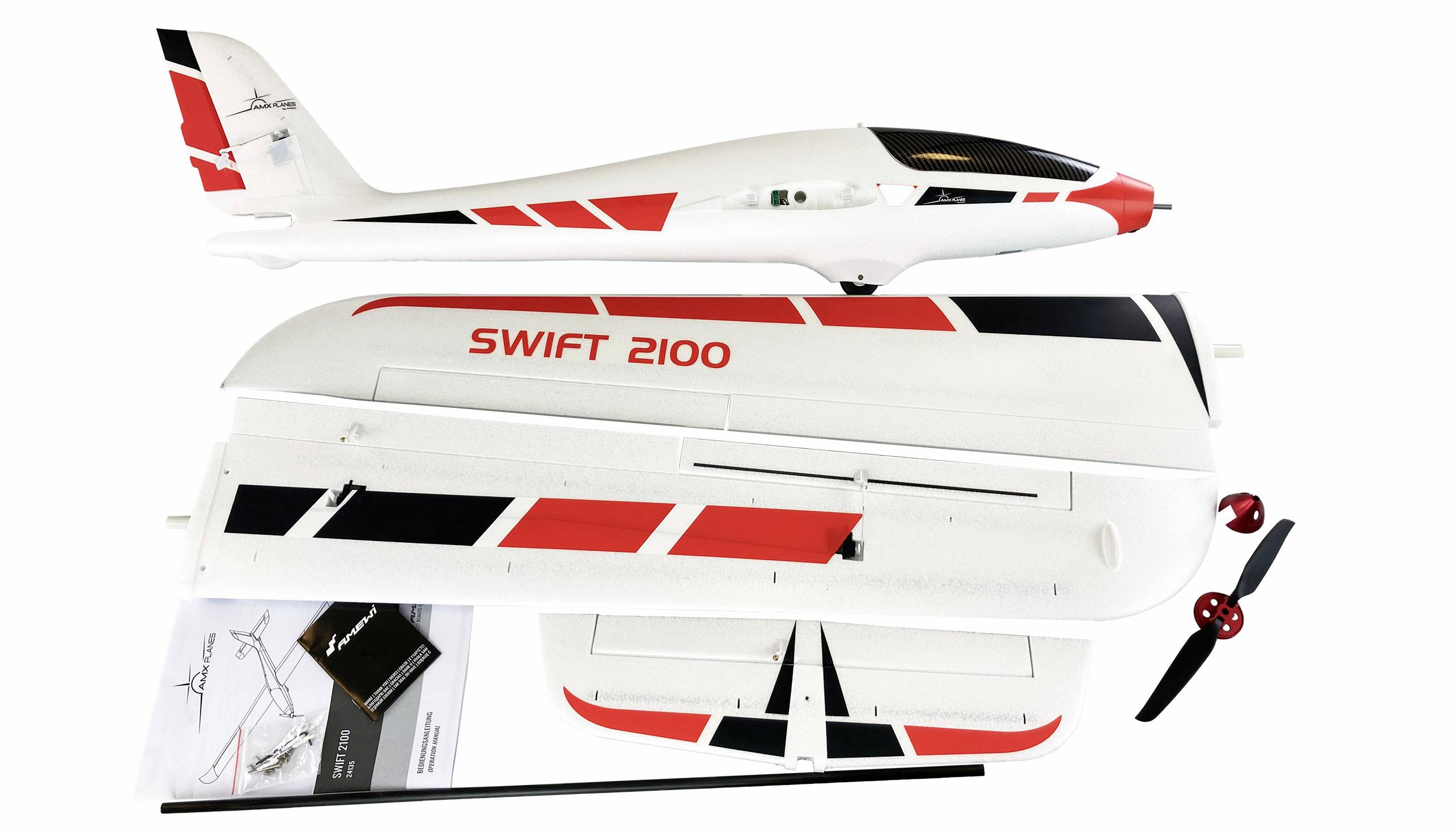 A white and red model aircraft, dismantled into individual parts: fuselage, wings with the inscription 'SWIFT 2100', propeller, and assembly instructions.