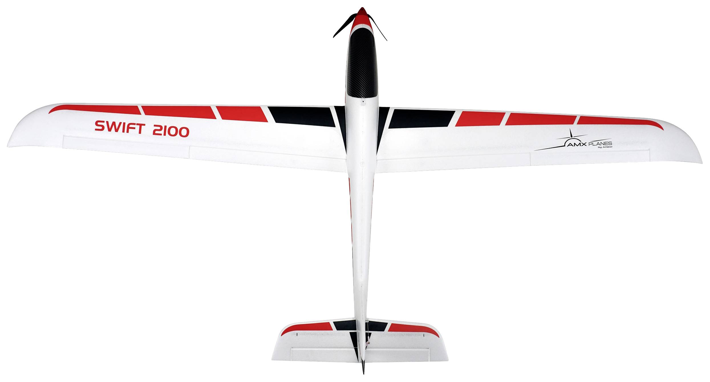 A white model aircraft, viewed from above. It has red and black markings on the wings and the inscription 'SWIFT 2100'.