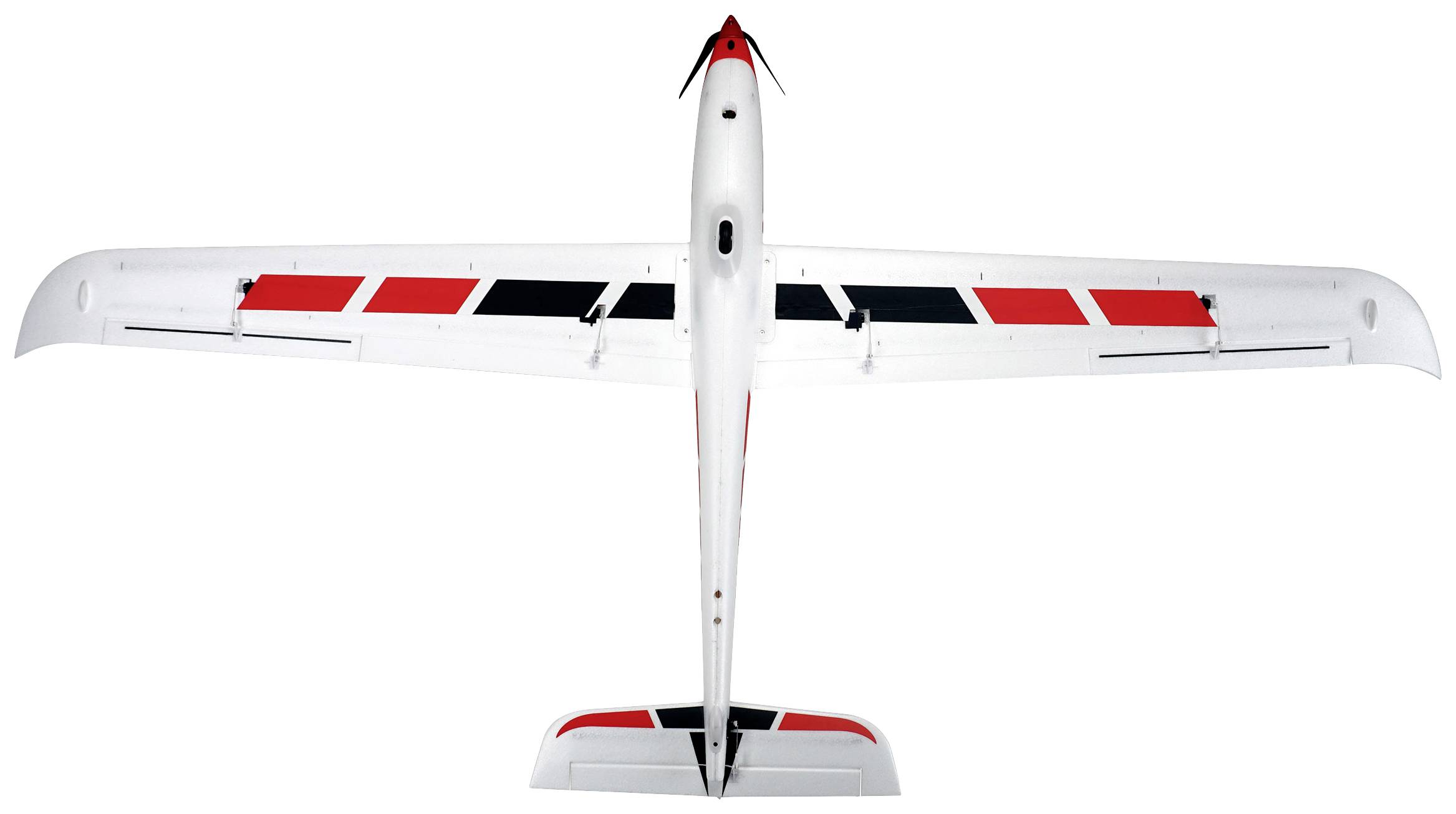 A white model aircraft with red and black markings, viewed from above, shows its wingspan and design.