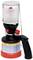 Camping lamp with a red valve, gas canister and black handle, suitable for outdoor activities.