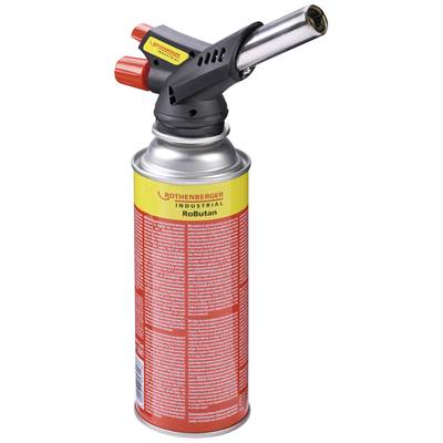 A red gas cartridge with a yellow label and burner attachment. Brand name 'Rothenberger Industrial RoButan'.