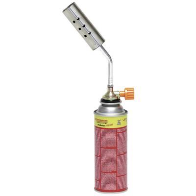 A metal burner with a long handle and orange rotary knob is mounted on a gas canister. Suitable for industrial applications.