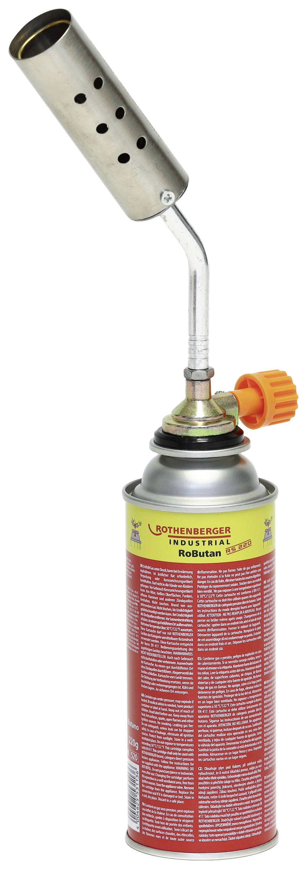 Gas burner mounted on a gas cartridge, with an orange turning knob. Used for soldering and heating materials.