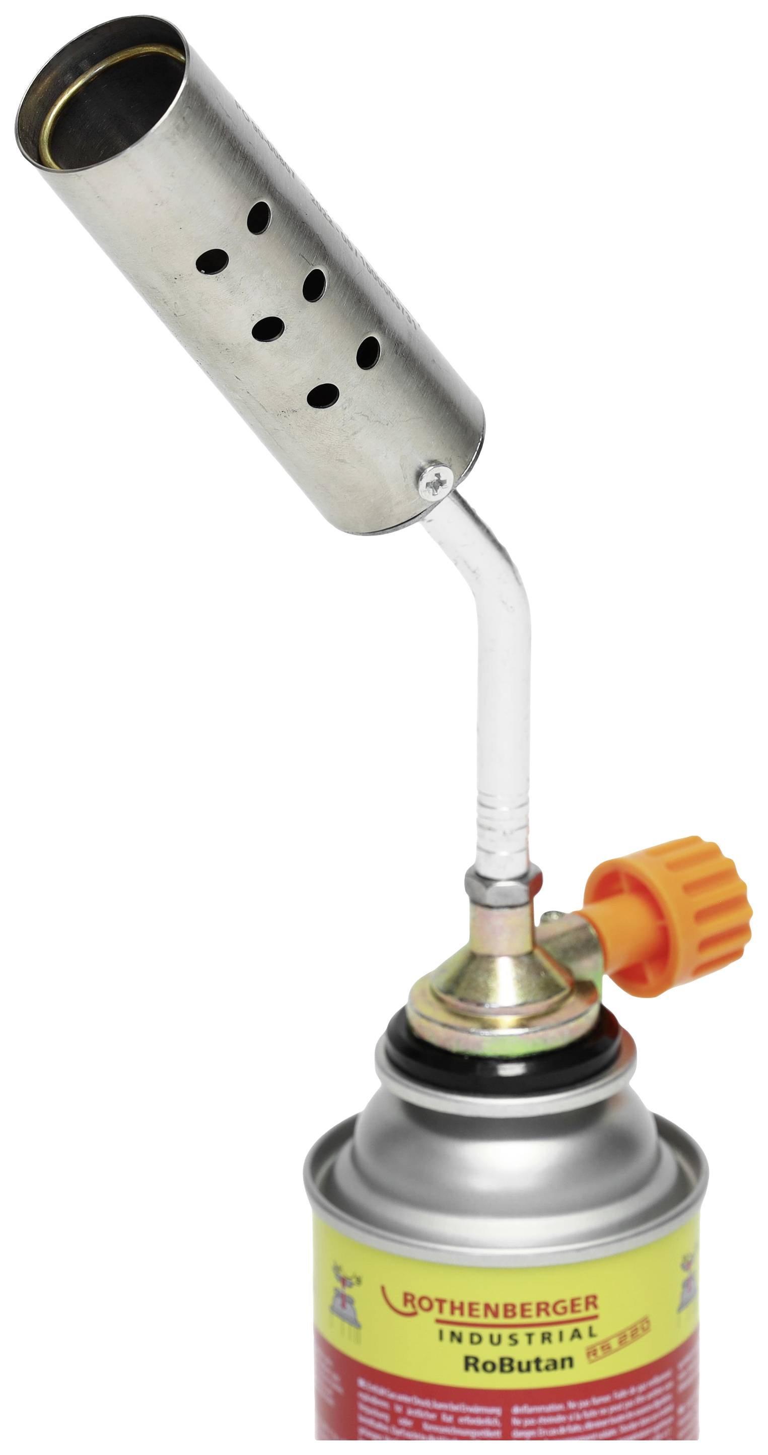 A hand soldering torch with metal attachment and orange rotary control, secured to a ROTHENBERGER butane gas cartridge.