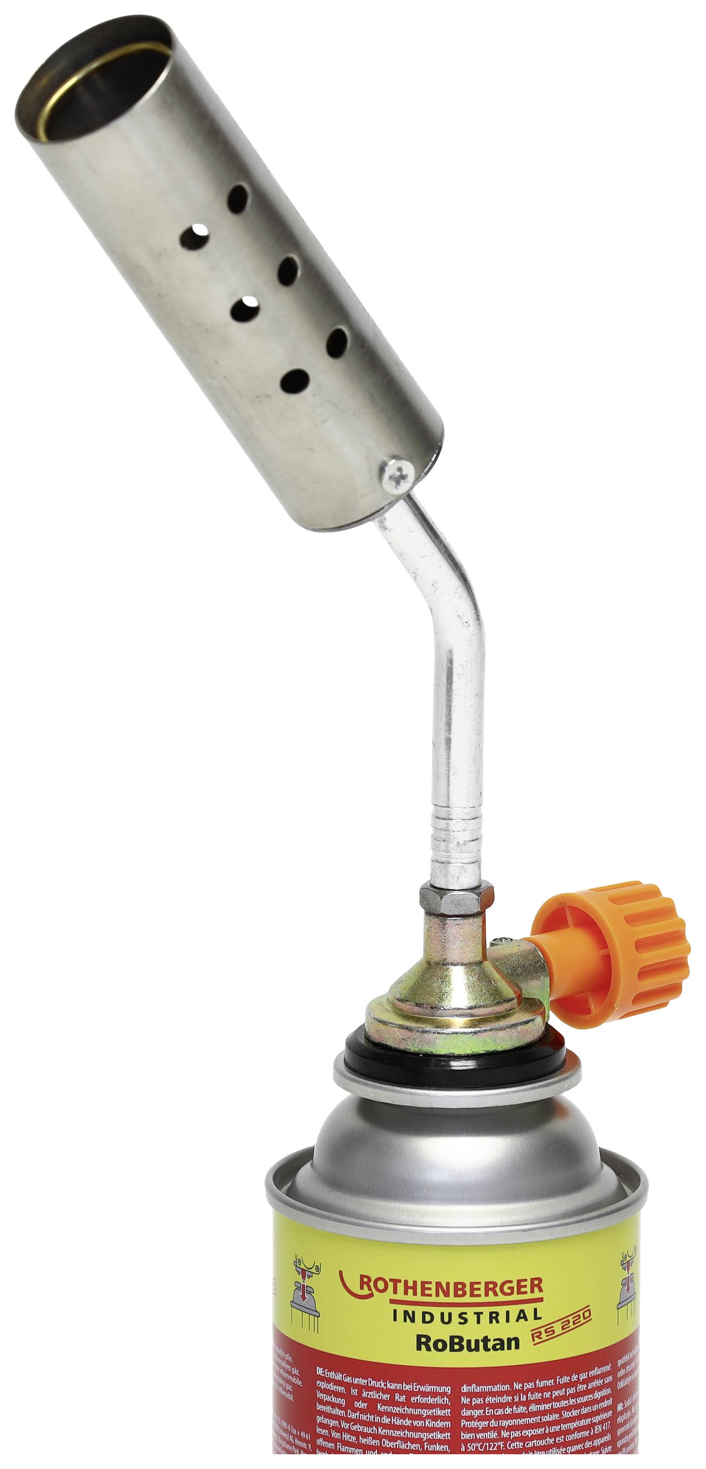A portable blow torch with a gas canister and a metal burner. It is frequently used for installation work.