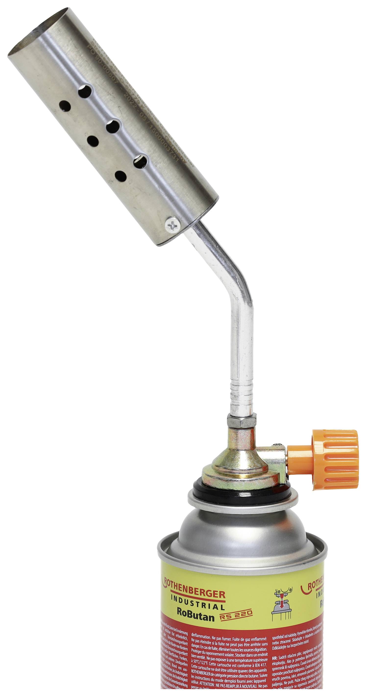 A portable gas burner with a metal nozzle and orange control dial, secured to a small gas canister.