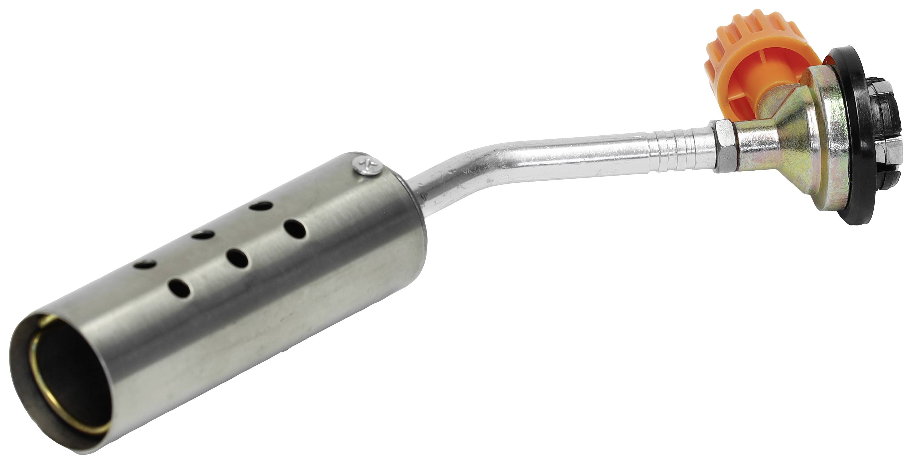 Gas burner with a metal body, an angled pipe, and an orange regulator. Used for soldering or igniting.