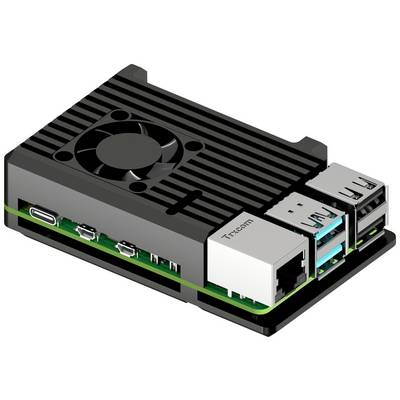 A small black computer with multiple USB ports, an Ethernet port, and an integrated fan on the top surface.
