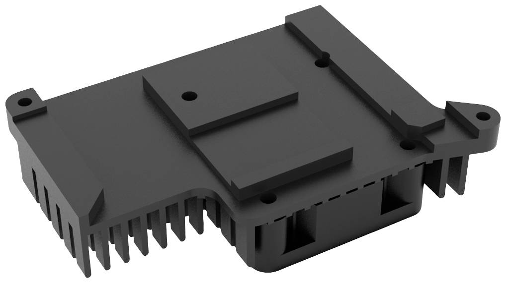A black electronic component with heat sinks and mounting holes, likely part of a larger device or machine.