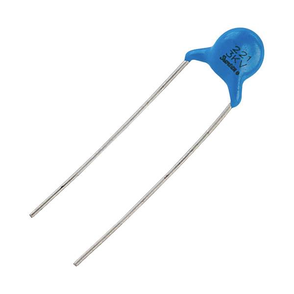 Blue ceramic capacitor with the inscription '3KV 2Y1', two metal legs for connection to electrical circuits.
