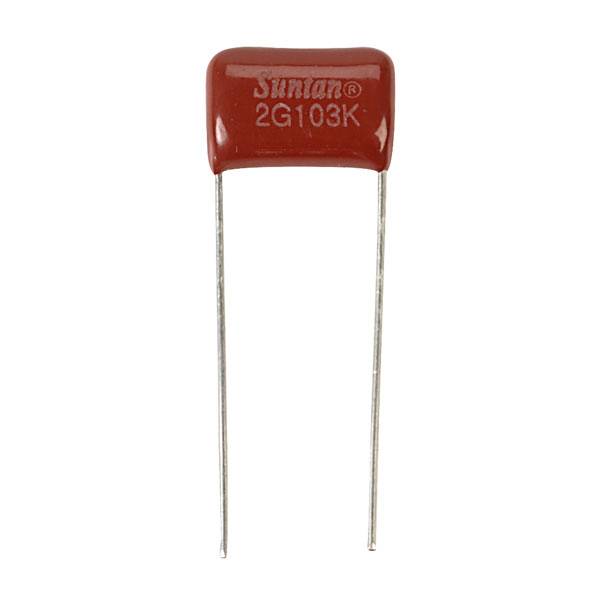 A red electrical capacitor with the marking '2G103K'. Both terminals are long and cylindrical in shape.