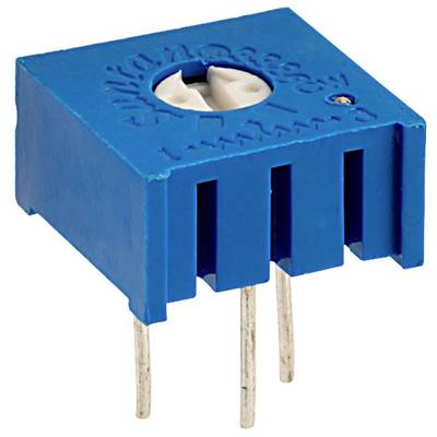 A blue, rectangular, adjustable resistor (potentiometer) with three metal pins for mounting on a circuit board.
