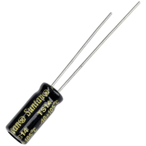 Black, cylindrical electrolytic capacitor with two wire terminals. Stands vertically, silver inscription on the casing.
