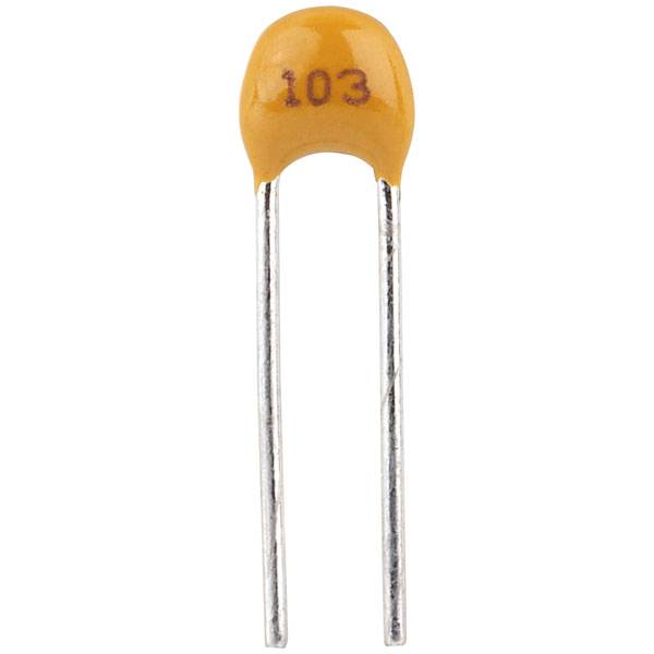 An orange ceramic capacitor marked '103', with two metal legs, commonly used in electronic circuits.