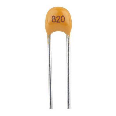A yellow ceramic capacitor marked with '820'.