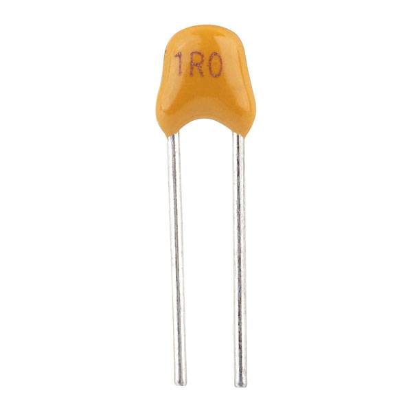 Orange ceramic disc capacitor with '1R0' inscription, two metal terminals, used for electrical storage.